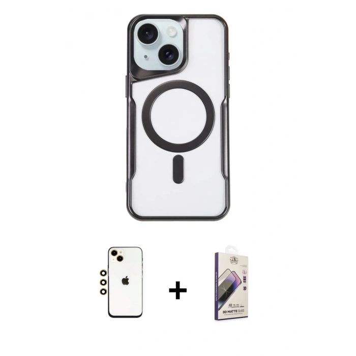 MARSİLYAN™- iPhone 14 Kılıf Yadigar Klasik Özel Seri - Siyah Bilvis 3D Mat Cam Ekran Koruyucu + Shine Kamera Lens - GD