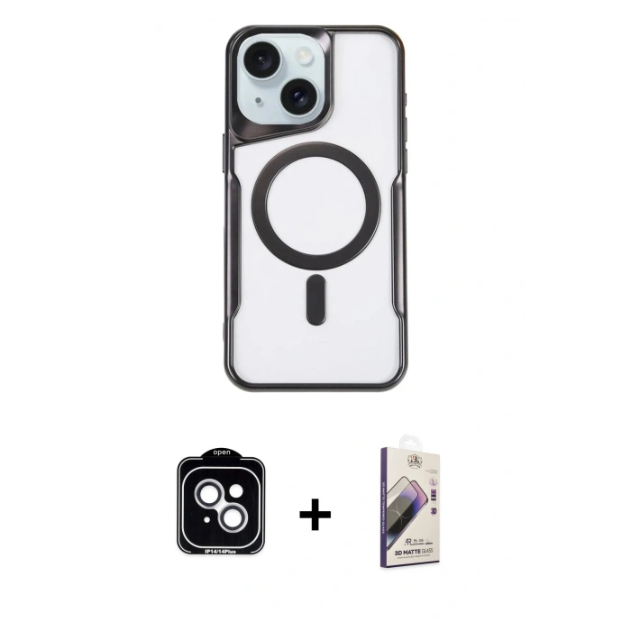 MARSİLYAN™- iPhone 14 Kılıf Yadigar Klasik Özel Seri - Siyah Bilvis 3D Mat Cam Ekran Koruyucu + PVD Metal Kamera Lens - GS