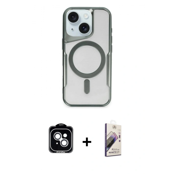 MARSİLYAN™- iPhone 14 Kılıf Yadigar Klasik Özel Seri - Siyah Bilvis 3D Mat Cam Ekran Koruyucu + PVD Metal Kamera Lens - GS