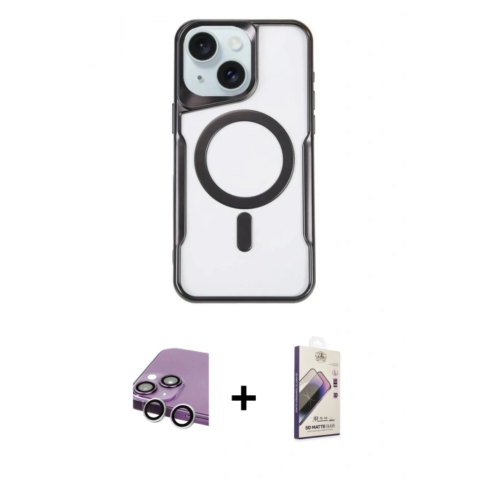 MARSİLYAN™- iPhone 14 Kılıf Yadigar Klasik Özel Seri - Siyah Bilvis 3D Mat Cam Ekran Koruyucu + Gümüş Raze Metal Kamera Lens