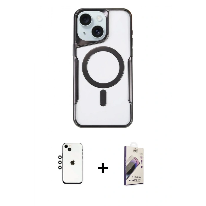 MARSİLYAN™- iPhone 14 Kılıf Yadigar Klasik Özel Seri - Siyah Bilvis 3D Mat Cam Ekran Koruyucu + Shine Kamera Lens - GS