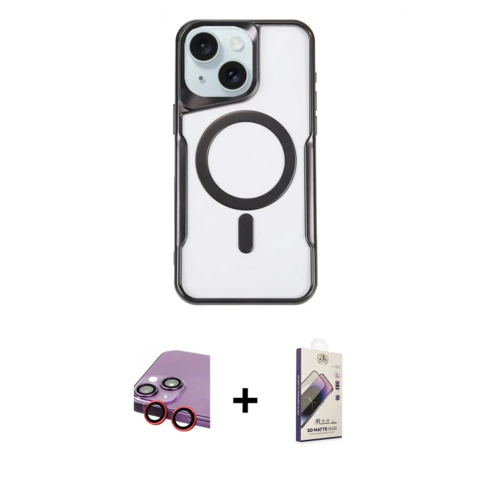 MARSİLYAN™- iPhone 14 Kılıf Yadigar Klasik Özel Seri - Siyah Bilvis 3D Mat Cam Ekran Koruyucu + Raze Metal Kamera Lens - KI