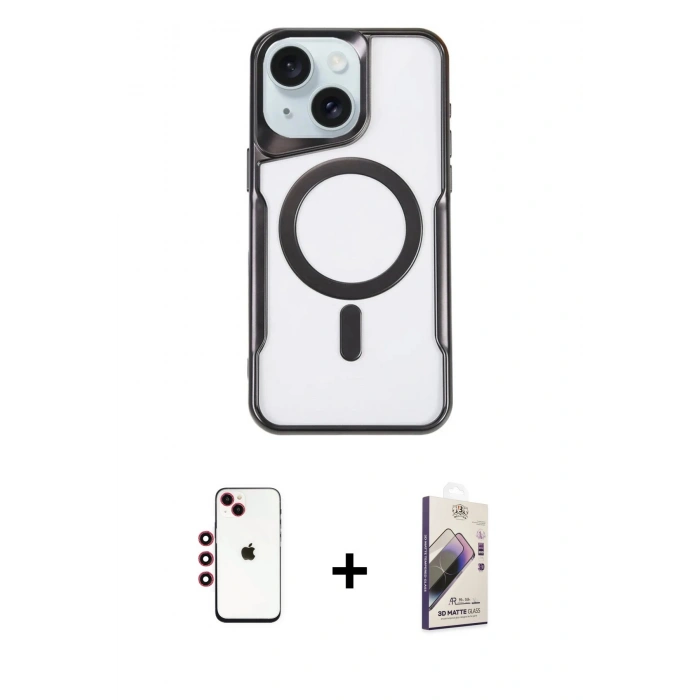 MARSİLYAN™- iPhone 14 Kılıf Yadigar Klasik Özel Seri - Siyah Bilvis 3D Mat Cam Ekran Koruyucu + Kırmızı Shine Kamera Lens