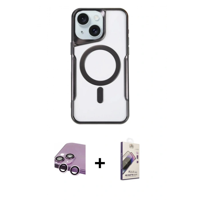 MARSİLYAN™- iPhone 14 Kılıf Yadigar Klasik Özel Seri - Siyah Bilvis 3D Mat Cam Ekran Koruyucu + Raze Metal Kamera Lens - MR