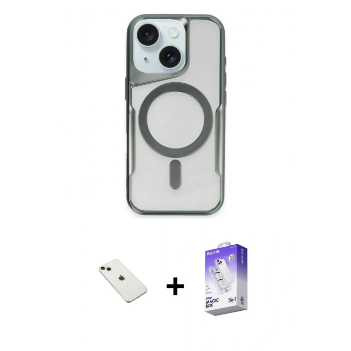 MARSİLYAN™- iPhone 14 Kılıf Yadigar Klasik Özel Seri - Siyah Bilvis 5in1 3D Magic Cam Ekran Koruyucu + Diamond Kamera Lens - YL