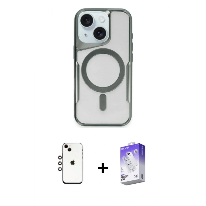 MARSİLYAN™- iPhone 14 Kılıf Yadigar Klasik Özel Seri - Siyah Bilvis 5in1 3D Magic Cam Ekran Koruyucu + Gökkuşağı Shine Kamera Lens