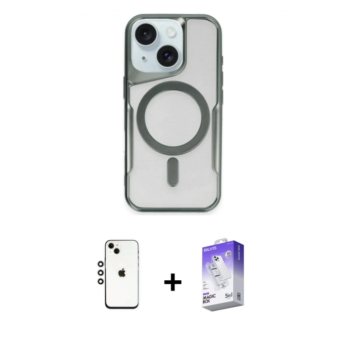 MARSİLYAN™- iPhone 14 Kılıf Yadigar Klasik Özel Seri - Siyah Bilvis 5in1 3D Magic Cam Ekran Koruyucu + Gümüş Shine Kamera Lens