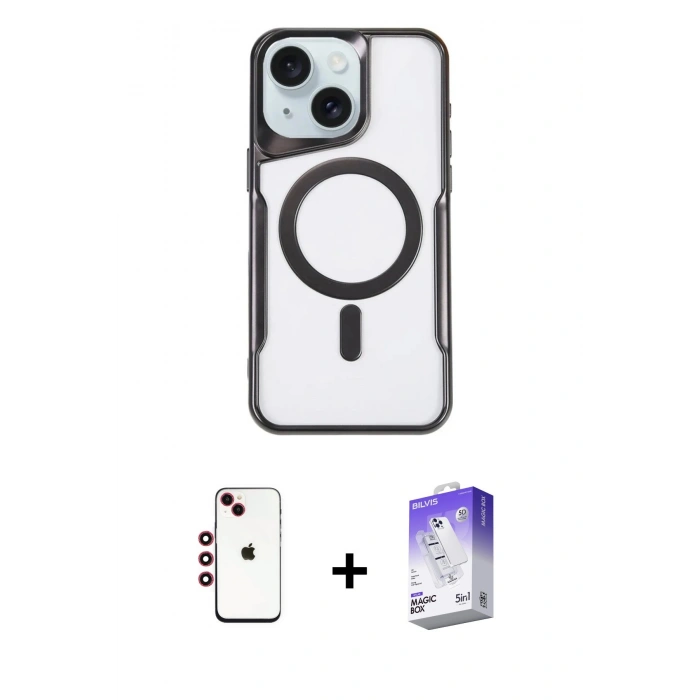 MARSİLYAN™- iPhone 14 Kılıf Yadigar Klasik Özel Seri - Siyah Bilvis 5in1 3D Magic Cam Ekran Koruyucu + Shine Kamera Lens - KI