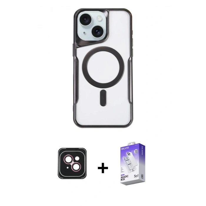 MARSİLYAN™- iPhone 14 Kılıf Yadigar Klasik Özel Seri - Siyah Bilvis 5in1 3D Magic Cam Ekran Koruyucu + Pembe PVD Metal Kamera Lens