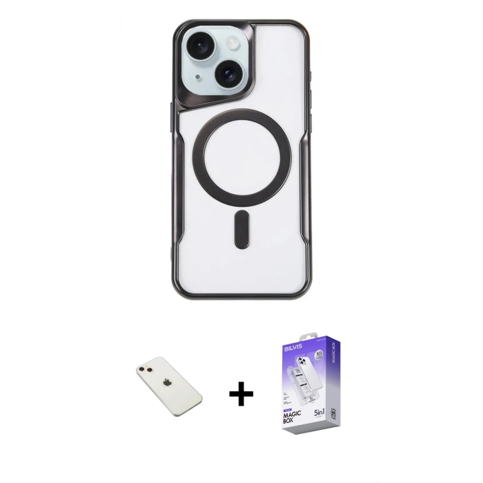 MARSİLYAN™- iPhone 14 Kılıf Yadigar Klasik Özel Seri - Siyah Bilvis 5in1 3D Magic Cam Ekran Koruyucu + Diamond Kamera Lens - PE