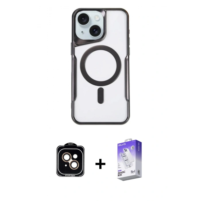 MARSİLYAN™- iPhone 14 Kılıf Yadigar Klasik Özel Seri - Siyah Bilvis 5in1 3D Magic Cam Ekran Koruyucu + PVD Metal Kamera Lens - TU