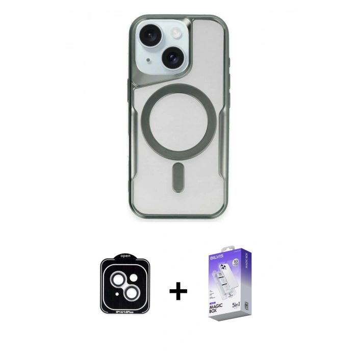 MARSİLYAN™- iPhone 14 Kılıf Yadigar Klasik Özel Seri - Siyah Bilvis 5in1 3D Magic Cam Ekran Koruyucu + PVD Metal Kamera Lens - GS