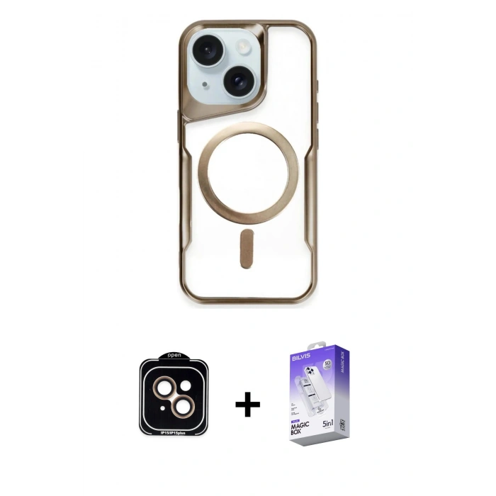 MARSİLYAN™- iPhone 14 Kılıf Yadigar Klasik Özel Seri - Siyah Bilvis 5in1 3D Magic Cam Ekran Koruyucu + PVD Metal Kamera Lens - TU