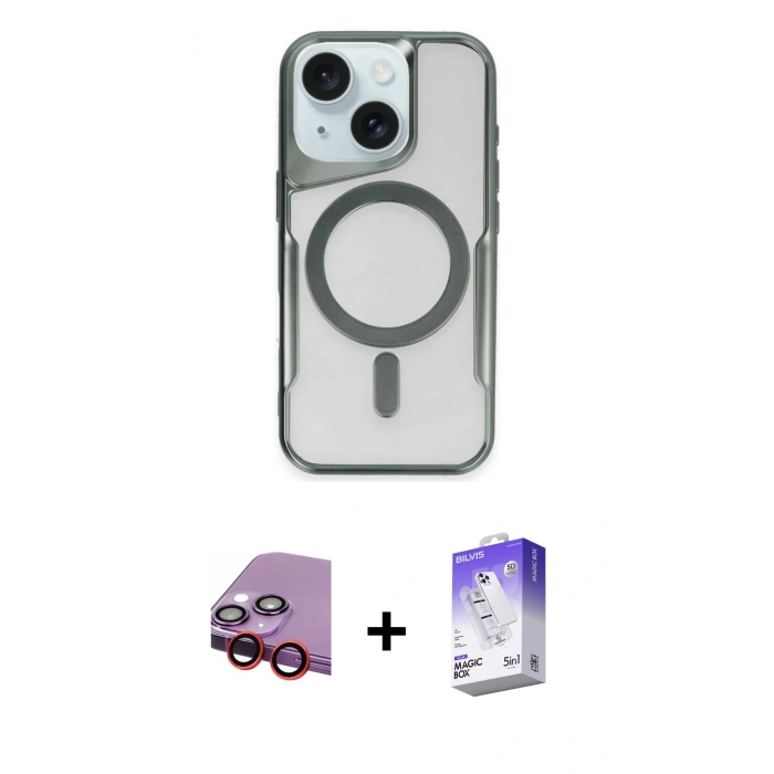 MARSİLYAN™- iPhone 14 Kılıf Yadigar Klasik Özel Seri - Siyah Bilvis 5in1 3D Magic Cam Ekran Koruyucu + Raze Metal Kamera Lens - KI