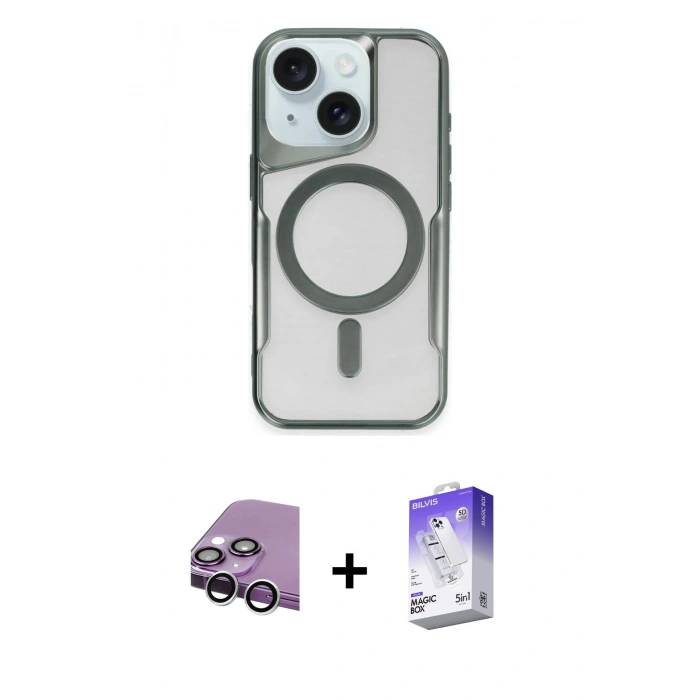 MARSİLYAN™- iPhone 14 Kılıf Yadigar Klasik Özel Seri - Siyah Bilvis 5in1 3D Magic Cam Ekran Koruyucu + Raze Metal Kamera Lens - GS