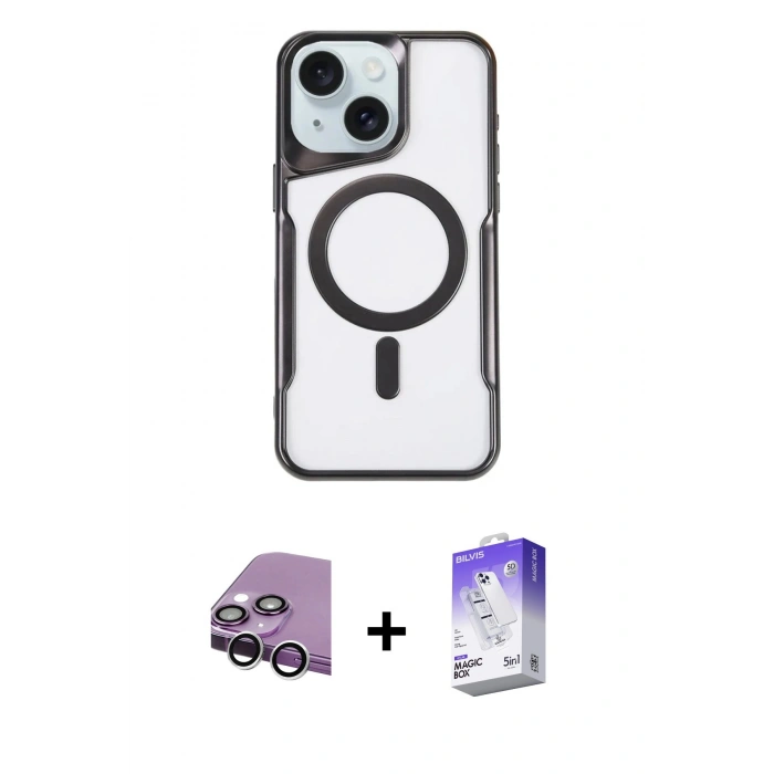 MARSİLYAN™- iPhone 14 Kılıf Yadigar Klasik Özel Seri - Siyah Bilvis 5in1 3D Magic Cam Ekran Koruyucu + Raze Metal Kamera Lens - GS