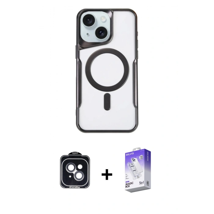 MARSİLYAN™- iPhone 14 Kılıf Yadigar Klasik Özel Seri - Siyah Bilvis 5in1 3D Magic Cam Ekran Koruyucu + PVD Metal Kamera Lens - SH