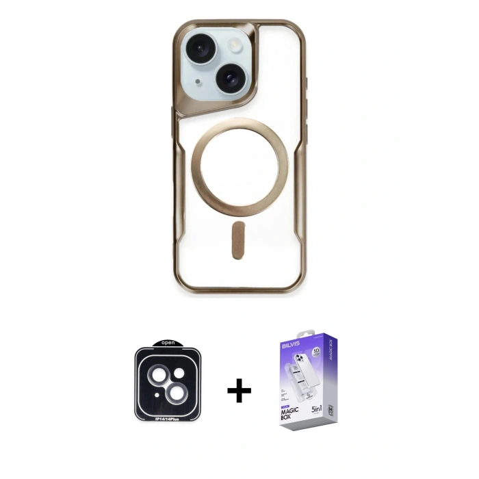 MARSİLYAN™- iPhone 14 Kılıf Yadigar Klasik Özel Seri - Siyah Bilvis 5in1 3D Magic Cam Ekran Koruyucu + PVD Metal Kamera Lens - SH