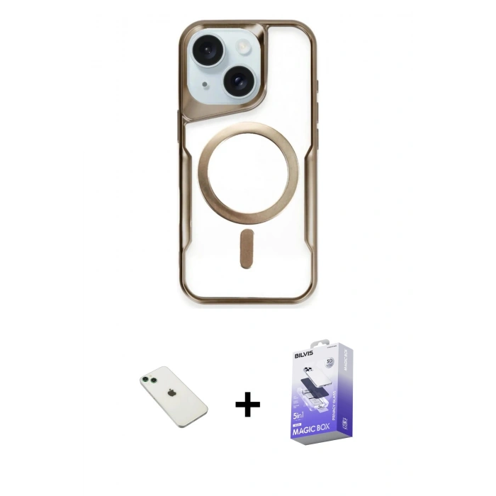MARSİLYAN™- iPhone 14 Kılıf Yadigar Klasik Özel Seri - Siyah Bilvis 5in1 5D Magic Hayalet Cam Ekran Koruyucu + Diamond Kamera Lens - YL