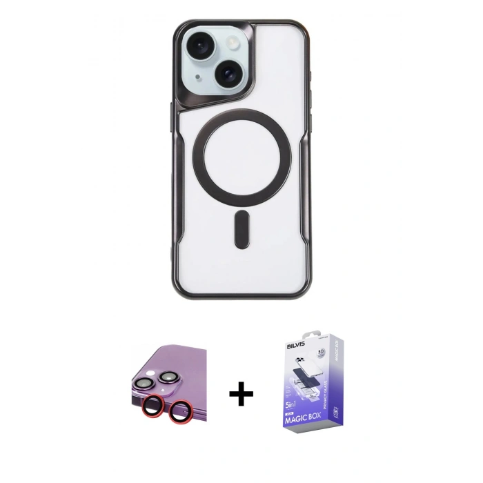 MARSİLYAN™- iPhone 14 Kılıf Yadigar Klasik Özel Seri - Siyah Bilvis 5in1 5D Magic Hayalet Cam Ekran Koruyucu + Raze Metal Kamera Lens - KI