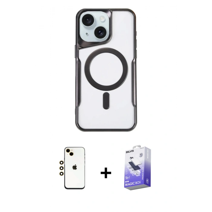 MARSİLYAN™- iPhone 14 Kılıf Yadigar Klasik Özel Seri - Siyah Bilvis 5in1 5D Magic Hayalet Cam Ekran Koruyucu + Shine Kamera Lens - GD