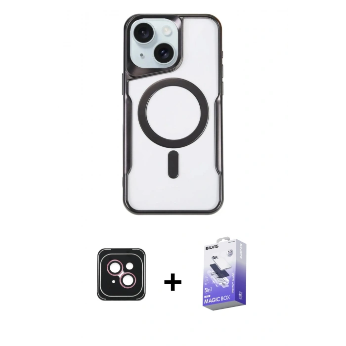 MARSİLYAN™- iPhone 14 Kılıf Yadigar Klasik Özel Seri - Siyah Bilvis 5in1 5D Magic Hayalet Cam Ekran Koruyucu + PVD Metal Kamera Lens - PE