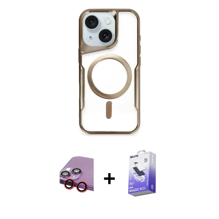 MARSİLYAN™- iPhone 14 Kılıf Yadigar Klasik Özel Seri - Siyah Bilvis 5in1 5D Magic Hayalet Cam Ekran Koruyucu + Raze Metal Kamera Lens - KI