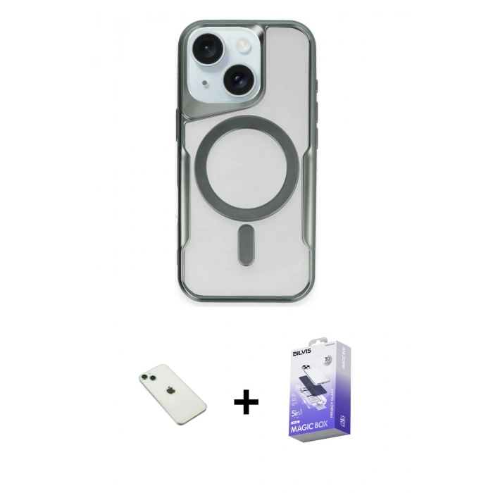 MARSİLYAN™- iPhone 14 Kılıf Yadigar Klasik Özel Seri - Siyah Bilvis 5in1 5D Magic Hayalet Cam Ekran Koruyucu + Yeşil Diamond Kamera Lens