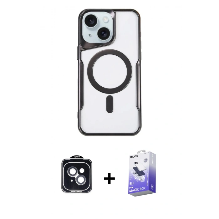 MARSİLYAN™- iPhone 14 Kılıf Yadigar Klasik Özel Seri - Siyah Bilvis 5in1 5D Magic Hayalet Cam Ekran Koruyucu + PVD Metal Kamera Lens - SH