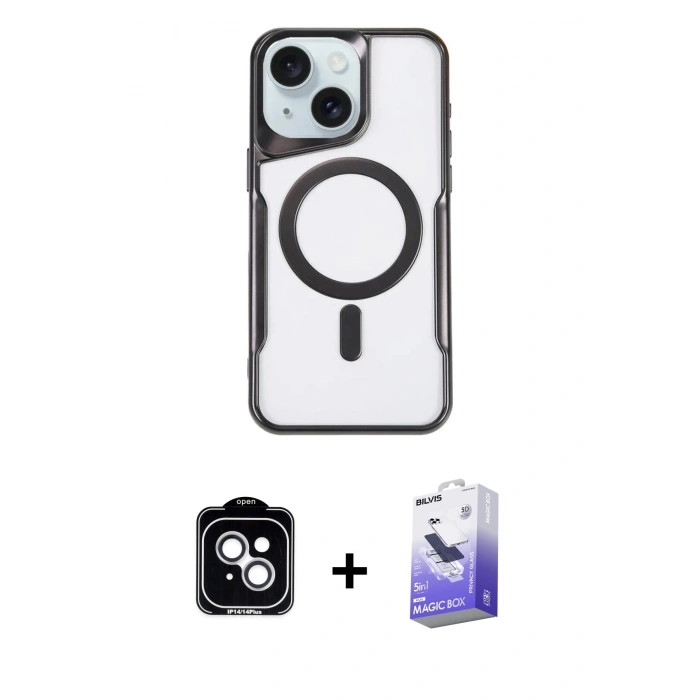 MARSİLYAN™- iPhone 14 Kılıf Yadigar Klasik Özel Seri - Siyah Bilvis 5in1 5D Magic Hayalet Cam Ekran Koruyucu + PVD Metal Kamera Lens - GS