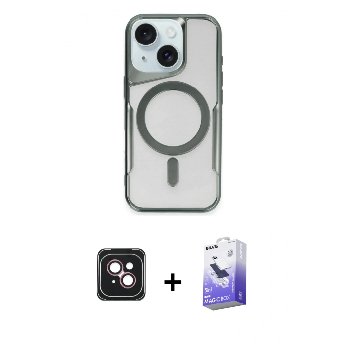 MARSİLYAN™- iPhone 14 Kılıf Yadigar Klasik Özel Seri - Siyah Bilvis 5in1 5D Magic Hayalet Cam Ekran Koruyucu + PVD Metal Kamera Lens - PE
