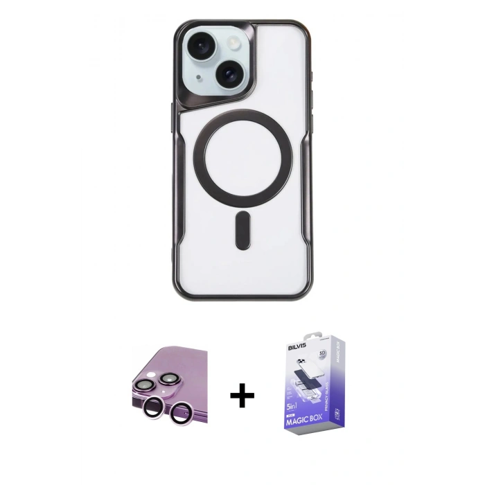 MARSİLYAN™- iPhone 14 Kılıf Yadigar Klasik Özel Seri - Siyah Bilvis 5in1 5D Magic Hayalet Cam Ekran Koruyucu + Mor Raze Metal Kamera Lens