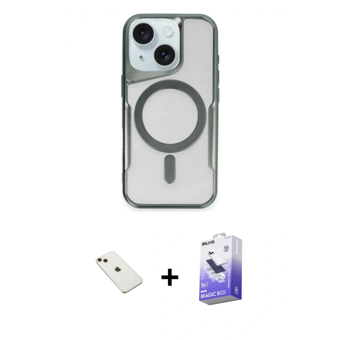 MARSİLYAN™- iPhone 14 Kılıf Yadigar Klasik Özel Seri - Siyah Bilvis 5in1 5D Magic Hayalet Cam Ekran Koruyucu + Diamond Kamera Lens - KI
