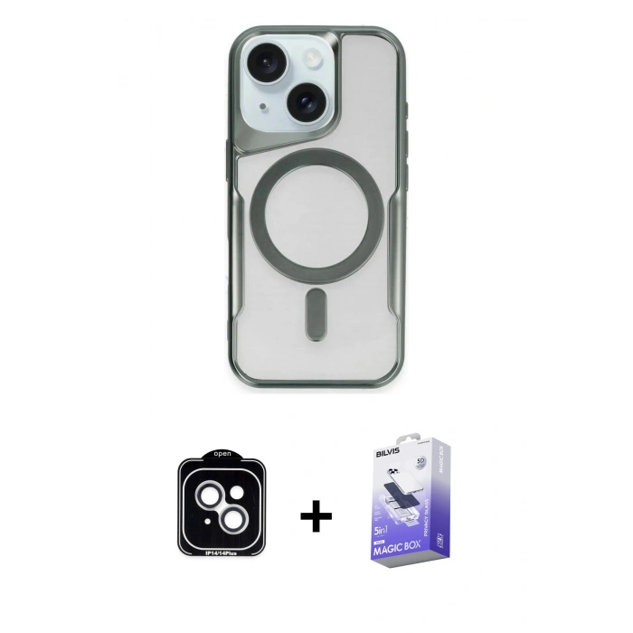 MARSİLYAN™- iPhone 14 Kılıf Yadigar Klasik Özel Seri - Siyah Bilvis 5in1 5D Magic Hayalet Cam Ekran Koruyucu + PVD Metal Kamera Lens - GS