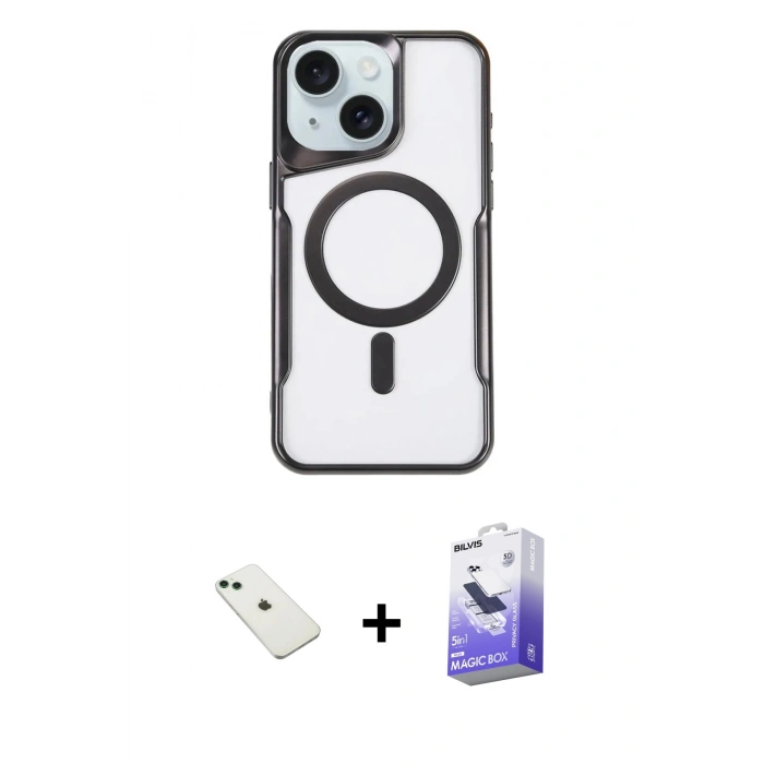 MARSİLYAN™- iPhone 14 Kılıf Yadigar Klasik Özel Seri - Siyah Bilvis 5in1 5D Magic Hayalet Cam Ekran Koruyucu + Diamond Kamera Lens - YL