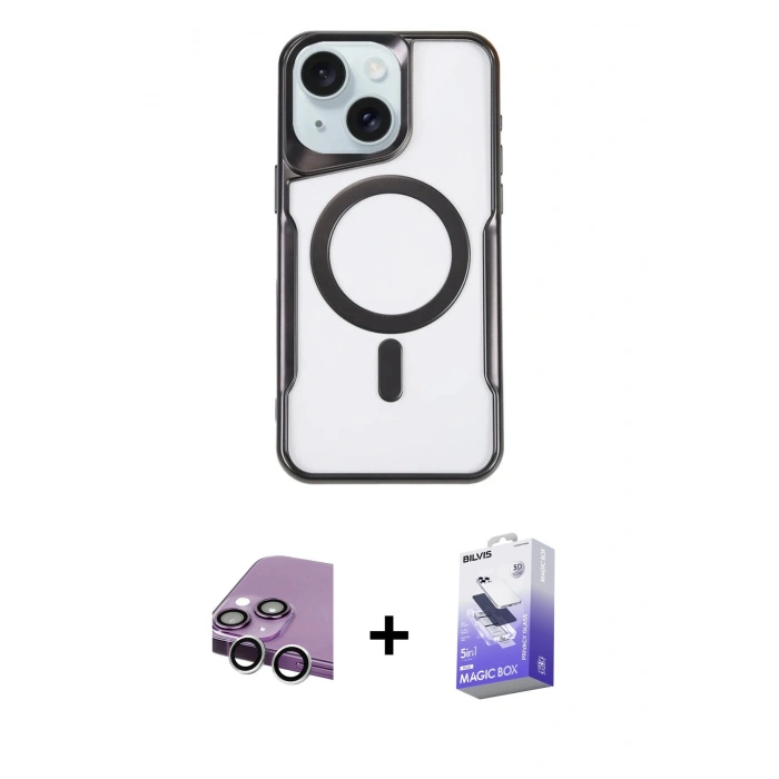 MARSİLYAN™- iPhone 14 Kılıf Yadigar Klasik Özel Seri - Siyah Bilvis 5in1 5D Magic Hayalet Cam Ekran Koruyucu + Raze Metal Kamera Lens - GS