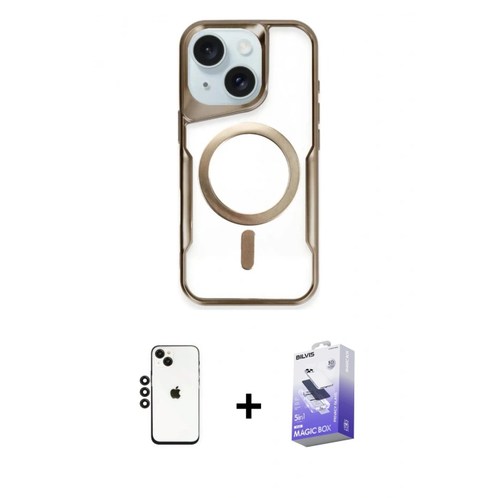 MARSİLYAN™- iPhone 14 Kılıf Yadigar Klasik Özel Seri - Siyah Bilvis 5in1 5D Magic Hayalet Cam Ekran Koruyucu + Shine Kamera Lens - SH
