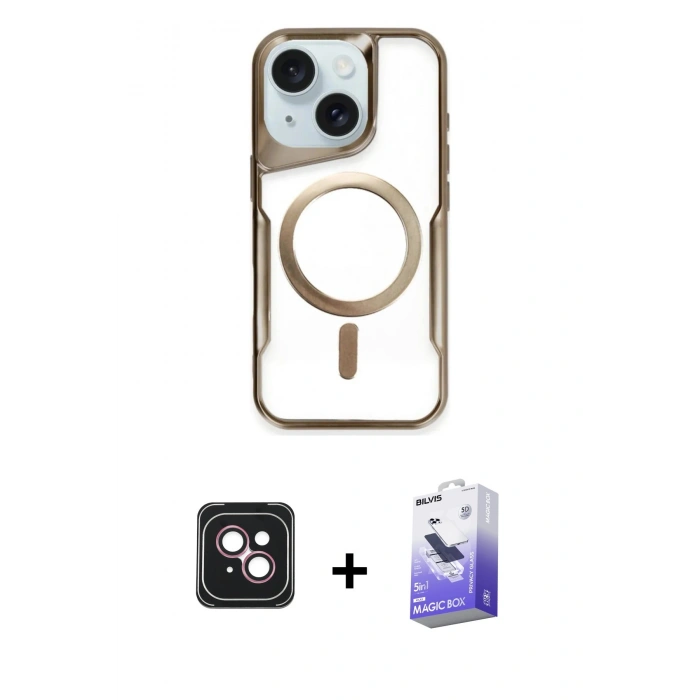 MARSİLYAN™- iPhone 14 Kılıf Yadigar Klasik Özel Seri - Siyah Bilvis 5in1 5D Magic Hayalet Cam Ekran Koruyucu + PVD Metal Kamera Lens - PE