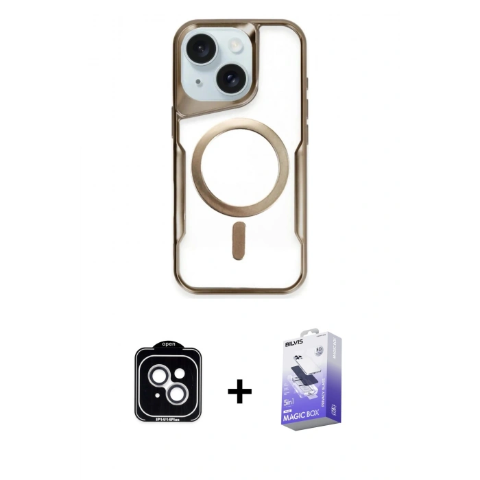 MARSİLYAN™- iPhone 14 Kılıf Yadigar Klasik Özel Seri - Siyah Bilvis 5in1 5D Magic Hayalet Cam Ekran Koruyucu + PVD Metal Kamera Lens - GS