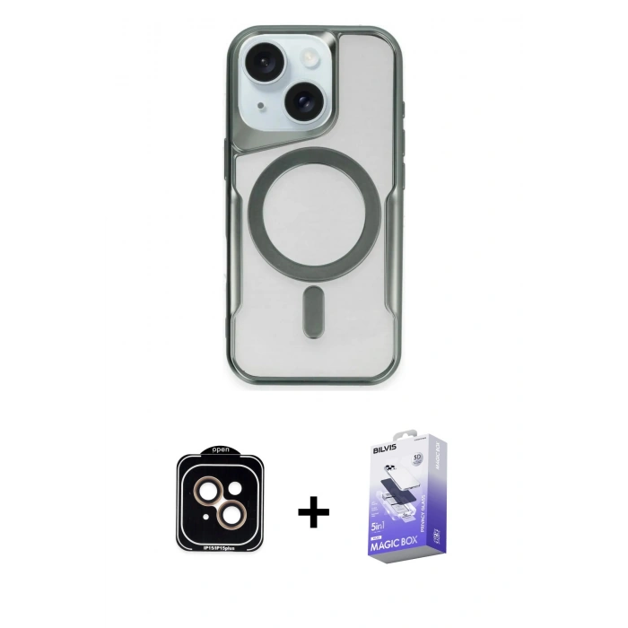 MARSİLYAN™- iPhone 14 Kılıf Yadigar Klasik Özel Seri - Siyah Bilvis 5in1 5D Magic Hayalet Cam Ekran Koruyucu + PVD Metal Kamera Lens - TU