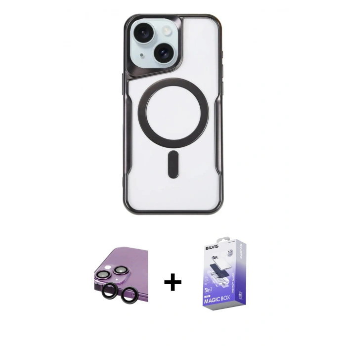 MARSİLYAN™- iPhone 14 Kılıf Yadigar Klasik Özel Seri - Siyah Bilvis 5in1 5D Magic Hayalet Cam Ekran Koruyucu + Raze Metal Kamera Lens - SH