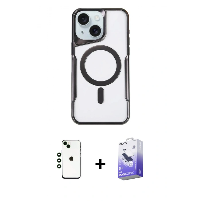 MARSİLYAN™- iPhone 14 Kılıf Yadigar Klasik Özel Seri - Siyah Bilvis 5in1 5D Magic Hayalet Cam Ekran Koruyucu + Shine Kamera Lens - YL