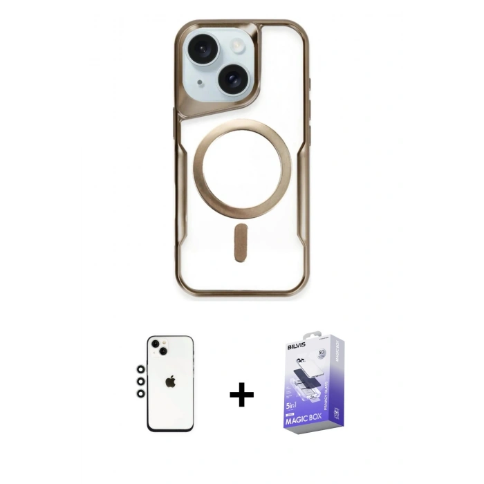 MARSİLYAN™- iPhone 14 Kılıf Yadigar Klasik Özel Seri - Siyah Bilvis 5in1 5D Magic Hayalet Cam Ekran Koruyucu + Shine Kamera Lens - GS