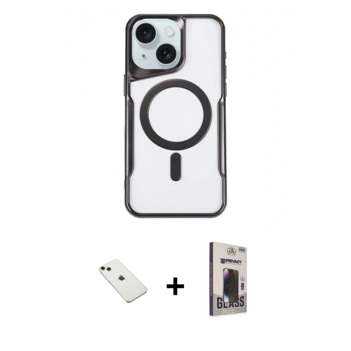 MARSİLYAN™- iPhone 14 Kılıf Yadigar Klasik Özel Seri - Siyah Bilvis Hayalet Cam Ekran Koruyucu + Diamond Kamera Lens - YL
