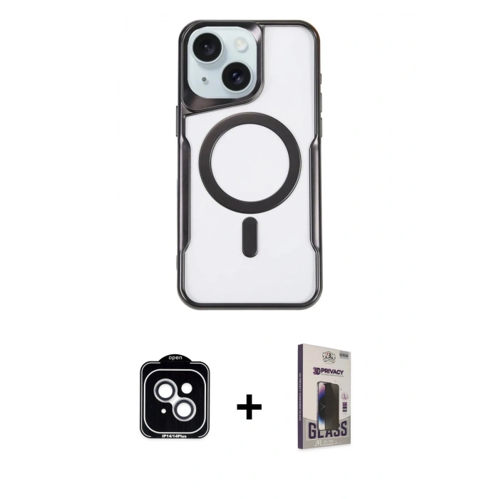 MARSİLYAN™- iPhone 14 Kılıf Yadigar Klasik Özel Seri - Siyah Bilvis Hayalet Cam Ekran Koruyucu + PVD Metal Kamera Lens - GS