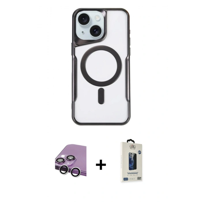 MARSİLYAN™- iPhone 14 Kılıf Yadigar Klasik Özel Seri - Siyah Bilvis Hayalet Cam Ekran Koruyucu + Raze Metal Kamera Lens - GS