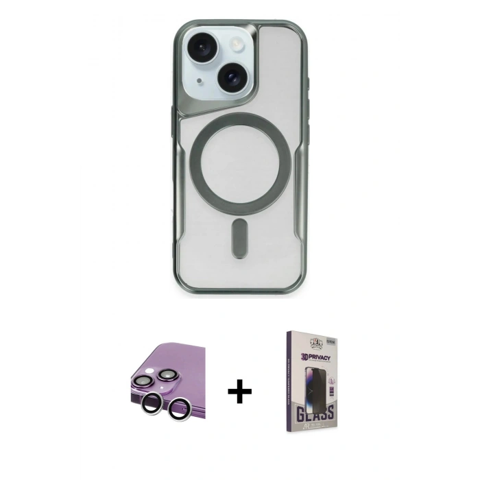 MARSİLYAN™- iPhone 14 Kılıf Yadigar Klasik Özel Seri - Siyah Bilvis Hayalet Cam Ekran Koruyucu + Gümüş Raze Metal Kamera Lens