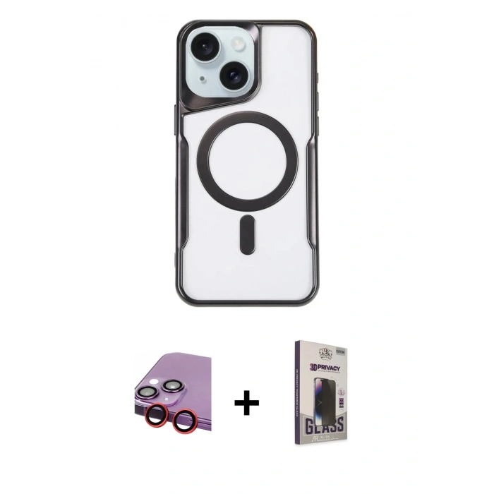 MARSİLYAN™- iPhone 14 Kılıf Yadigar Klasik Özel Seri - Siyah Bilvis Hayalet Cam Ekran Koruyucu + Raze Metal Kamera Lens - KI