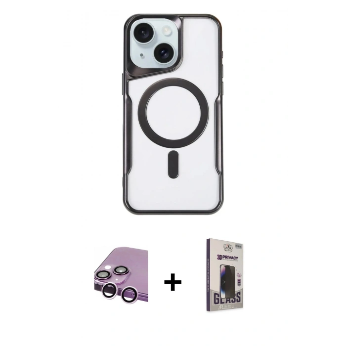 MARSİLYAN™- iPhone 14 Kılıf Yadigar Klasik Özel Seri - Siyah Bilvis Hayalet Cam Ekran Koruyucu + Raze Metal Kamera Lens - MR