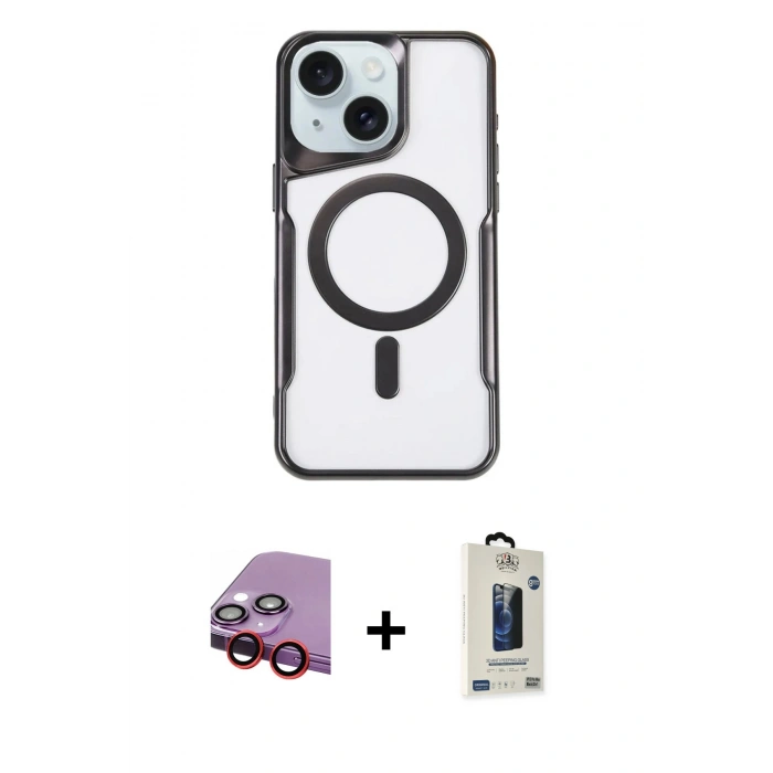 MARSİLYAN™- iPhone 14 Kılıf Yadigar Klasik Özel Seri - Siyah Bilvis Hayalet Cam Ekran Koruyucu + Raze Metal Kamera Lens - KI